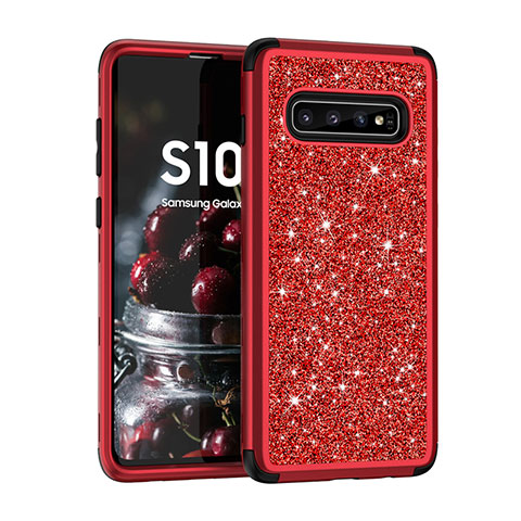 Funda Bumper Silicona y Plastico Carcasa Frontal y Trasera 360 Grados Bling-Bling para Samsung Galaxy S10 5G Rojo