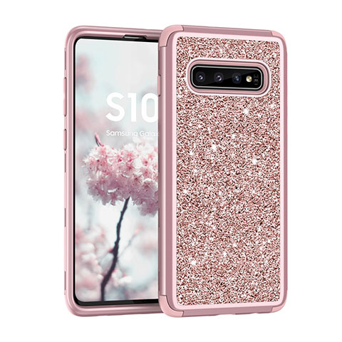 Funda Bumper Silicona y Plastico Carcasa Frontal y Trasera 360 Grados Bling-Bling para Samsung Galaxy S10 Oro Rosa