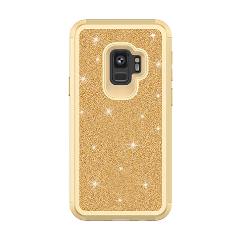 Funda Bumper Silicona y Plastico Carcasa Frontal y Trasera 360 Grados Bling-Bling para Samsung Galaxy S9 Oro