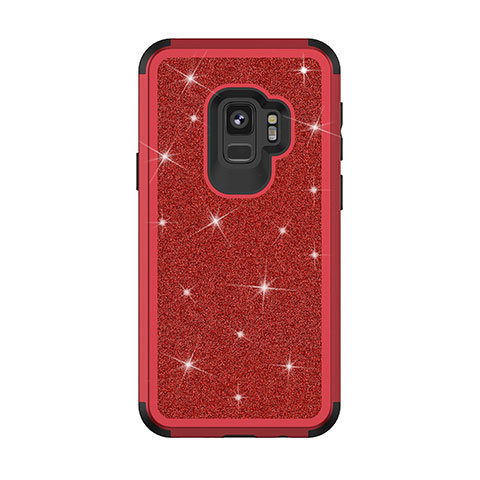 Funda Bumper Silicona y Plastico Carcasa Frontal y Trasera 360 Grados Bling-Bling para Samsung Galaxy S9 Rojo
