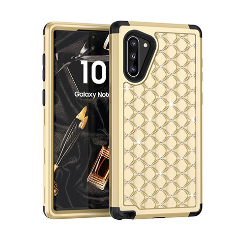 Funda Bumper Silicona y Plastico Carcasa Frontal y Trasera 360 Grados Bling-Bling U01 para Samsung Galaxy Note 10 5G Oro y Negro