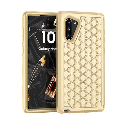 Funda Bumper Silicona y Plastico Carcasa Frontal y Trasera 360 Grados Bling-Bling U01 para Samsung Galaxy Note 10 Oro