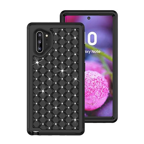 Funda Bumper Silicona y Plastico Carcasa Frontal y Trasera 360 Grados Bling-Bling U01 para Samsung Galaxy Note 10 Plus Negro