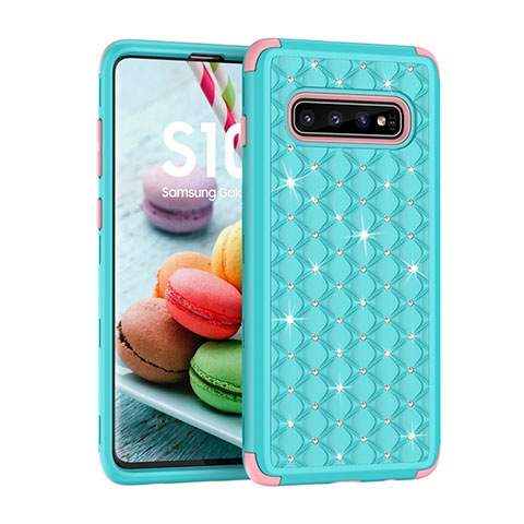 Funda Bumper Silicona y Plastico Carcasa Frontal y Trasera 360 Grados Bling-Bling U01 para Samsung Galaxy S10 Cian