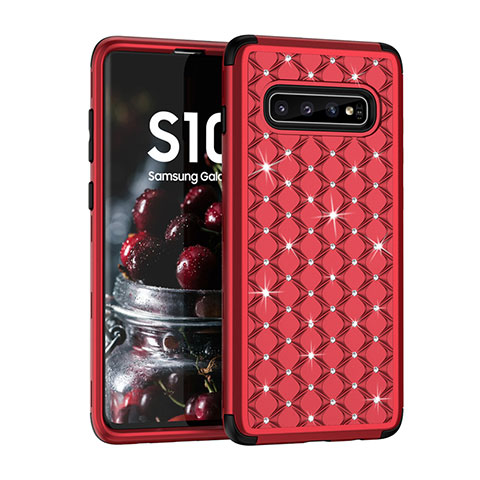 Funda Bumper Silicona y Plastico Carcasa Frontal y Trasera 360 Grados Bling-Bling U01 para Samsung Galaxy S10 Plus Rojo