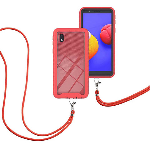 Funda Bumper Silicona y Plastico Carcasa Frontal y Trasera 360 Grados con Acollador Cordon Lanyard para Samsung Galaxy A01 Core Rojo