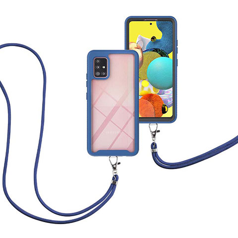 Funda Bumper Silicona y Plastico Carcasa Frontal y Trasera 360 Grados con Acollador Cordon Lanyard para Samsung Galaxy A51 4G Azul