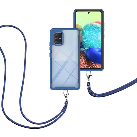 Funda Bumper Silicona y Plastico Carcasa Frontal y Trasera 360 Grados con Acollador Cordon Lanyard para Samsung Galaxy A71 5G Azul