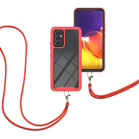 Funda Bumper Silicona y Plastico Carcasa Frontal y Trasera 360 Grados con Acollador Cordon Lanyard para Samsung Galaxy A82 5G Rojo