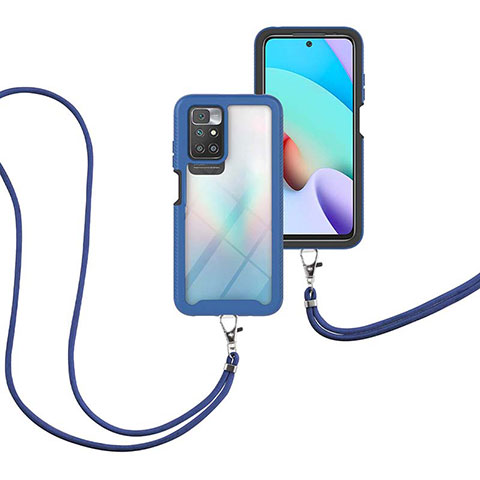 Funda Bumper Silicona y Plastico Carcasa Frontal y Trasera 360 Grados con Acollador Cordon Lanyard para Xiaomi Redmi 10 4G Azul