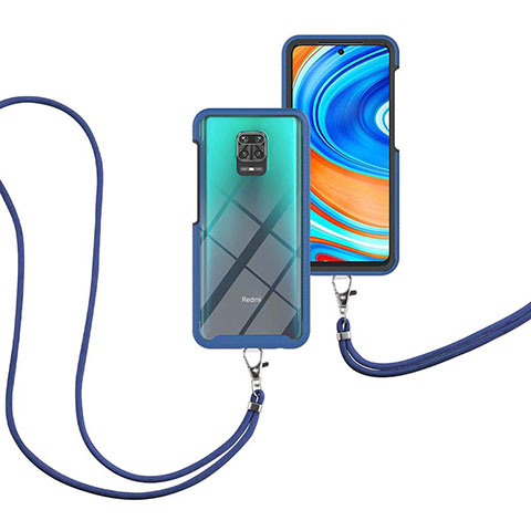 Funda Bumper Silicona y Plastico Carcasa Frontal y Trasera 360 Grados con Acollador Cordon Lanyard para Xiaomi Redmi Note 9 Pro Max Azul