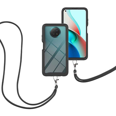 Funda Bumper Silicona y Plastico Carcasa Frontal y Trasera 360 Grados con Acollador Cordon Lanyard para Xiaomi Redmi Note 9T 5G Negro