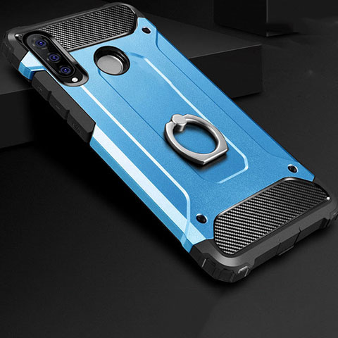 Funda Bumper Silicona y Plastico Mate Carcasa con Anillo de dedo Soporte H01 para Huawei P30 Lite New Edition Azul