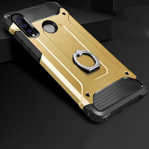 Funda Bumper Silicona y Plastico Mate Carcasa con Anillo de dedo Soporte H01 para Huawei P30 Lite New Edition Oro
