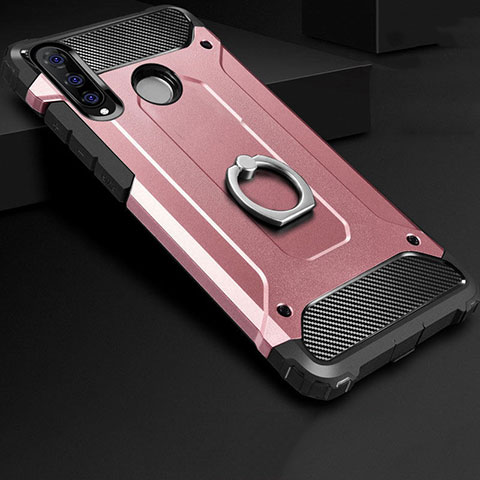 Funda Bumper Silicona y Plastico Mate Carcasa con Anillo de dedo Soporte H01 para Huawei P30 Lite Oro Rosa