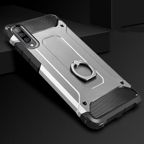 Funda Bumper Silicona y Plastico Mate Carcasa con Anillo de dedo Soporte H01 para Samsung Galaxy A70 Plata