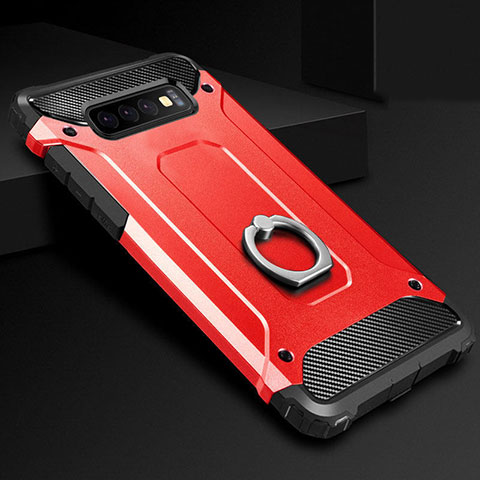 Funda Bumper Silicona y Plastico Mate Carcasa con Anillo de dedo Soporte H01 para Samsung Galaxy S10 Plus Rojo