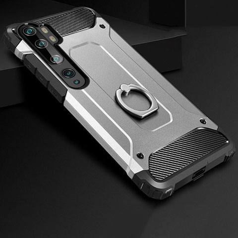 Funda Bumper Silicona y Plastico Mate Carcasa con Anillo de dedo Soporte H01 para Xiaomi Mi Note 10 Pro Plata