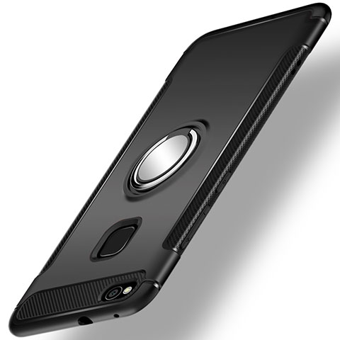 Funda Bumper Silicona y Plastico Mate Carcasa con Anillo de dedo Soporte para Huawei P9 Lite (2017) Negro