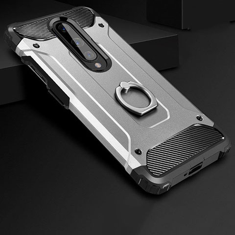 Funda Bumper Silicona y Plastico Mate Carcasa con Anillo de dedo Soporte para OnePlus 8 Plata