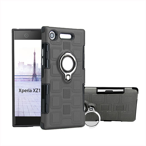 Funda Bumper Silicona y Plastico Mate Carcasa con Anillo de dedo Soporte para Sony Xperia XZ1 Compact Gris