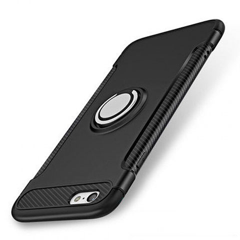 Funda Bumper Silicona y Plastico Mate Carcasa con Anillo de dedo Soporte S01 para Apple iPhone 7 Negro