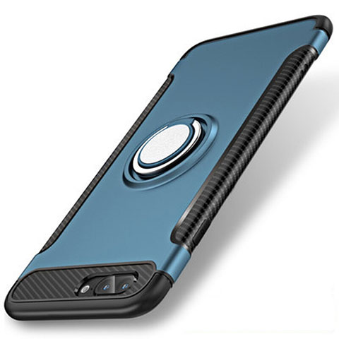 Funda Bumper Silicona y Plastico Mate Carcasa con Anillo de dedo Soporte S01 para Apple iPhone 7 Plus Azul