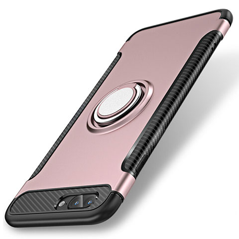 Funda Bumper Silicona y Plastico Mate Carcasa con Anillo de dedo Soporte S01 para Apple iPhone 7 Plus Oro Rosa