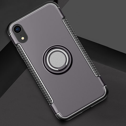 Funda Bumper Silicona y Plastico Mate Carcasa con Anillo de dedo Soporte S01 para Apple iPhone XR Gris