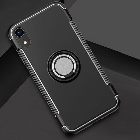 Funda Bumper Silicona y Plastico Mate Carcasa con Anillo de dedo Soporte S01 para Apple iPhone XR Negro