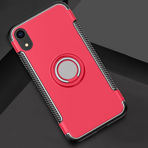 Funda Bumper Silicona y Plastico Mate Carcasa con Anillo de dedo Soporte S01 para Apple iPhone XR Rojo