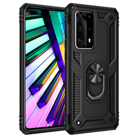 Funda Bumper Silicona y Plastico Mate Carcasa con Magnetico Anillo de dedo Soporte C01 para Huawei P40 Pro+ Plus Negro