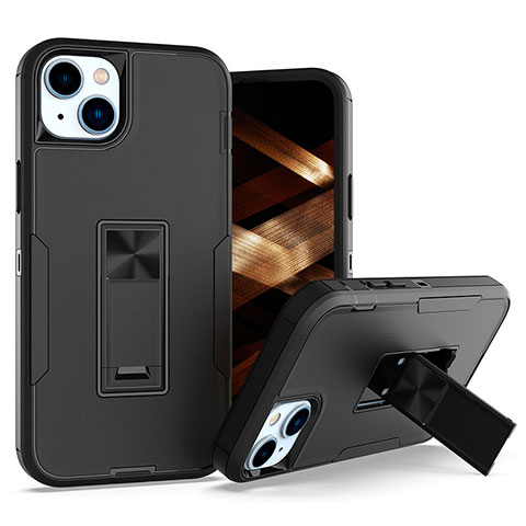 Funda Bumper Silicona y Plastico Mate Carcasa con Magnetico Anillo de dedo Soporte J03S para Apple iPhone 13 Negro