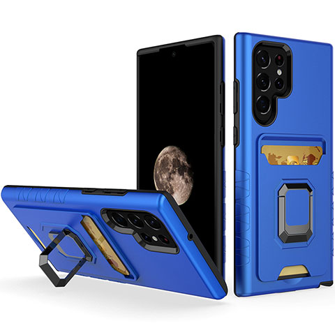 Funda Bumper Silicona y Plastico Mate Carcasa con Magnetico Anillo de dedo Soporte J03S para Samsung Galaxy S23 Ultra 5G Azul