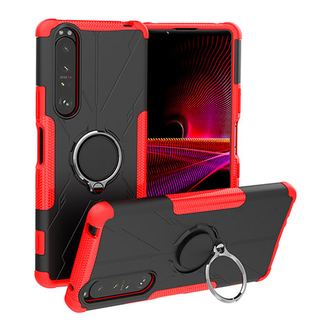 Funda Bumper Silicona y Plastico Mate Carcasa con Magnetico Anillo de dedo Soporte JX1 para Sony Xperia 1 III Rojo