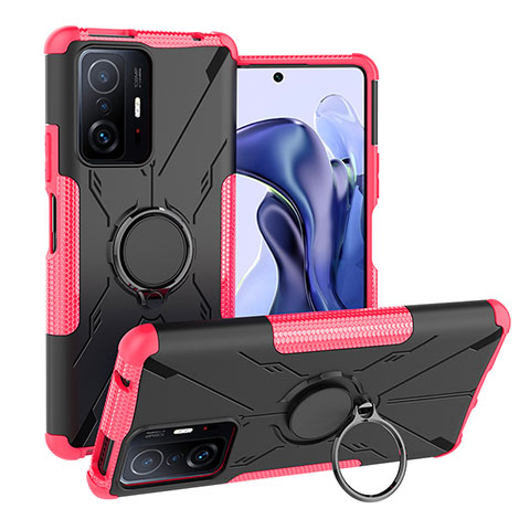 Funda Bumper Silicona y Plastico Mate Carcasa con Magnetico Anillo de dedo Soporte JX1 para Xiaomi Mi 11T Pro 5G Rosa Roja