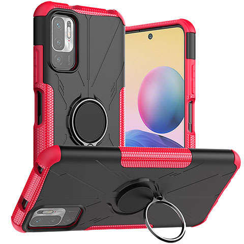 Funda Bumper Silicona y Plastico Mate Carcasa con Magnetico Anillo de dedo Soporte JX1 para Xiaomi POCO M3 Pro 5G Rosa Roja