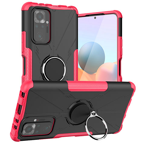 Funda Bumper Silicona y Plastico Mate Carcasa con Magnetico Anillo de dedo Soporte JX1 para Xiaomi Redmi Note 10 Pro 4G Rosa Roja