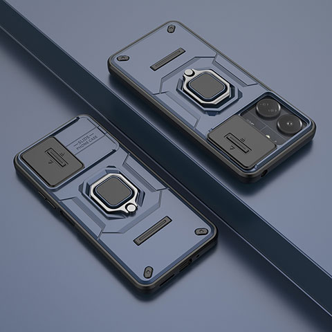Funda Bumper Silicona y Plastico Mate Carcasa con Magnetico Anillo de dedo Soporte K1C para Xiaomi Redmi 13C Azul