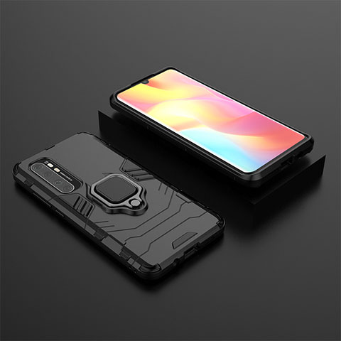 Funda Bumper Silicona y Plastico Mate Carcasa con Magnetico Anillo de dedo Soporte KC1 para Xiaomi Mi Note 10 Lite Negro