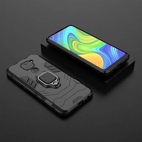 Funda Bumper Silicona y Plastico Mate Carcasa con Magnetico Anillo de dedo Soporte KC1 para Xiaomi Redmi Note 9 Negro