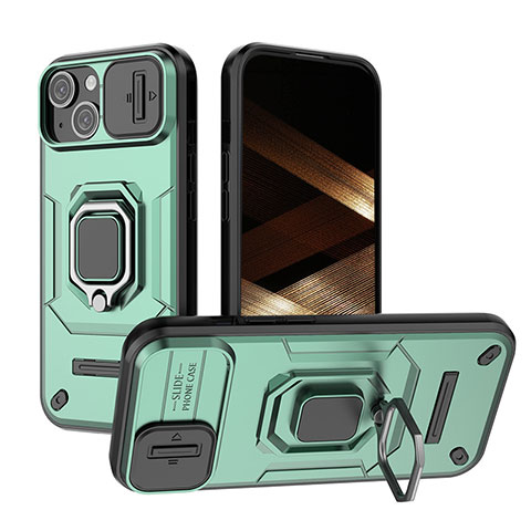 Funda Bumper Silicona y Plastico Mate Carcasa con Magnetico Anillo de dedo Soporte KC3 para Apple iPhone 14 Plus Verde
