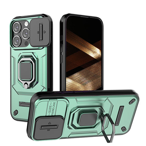 Funda Bumper Silicona y Plastico Mate Carcasa con Magnetico Anillo de dedo Soporte KC3 para Apple iPhone 14 Pro Verde
