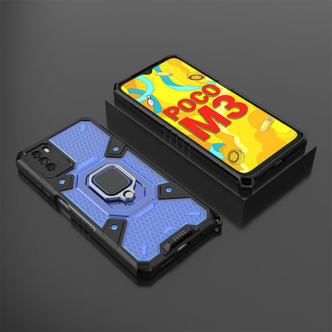 Funda Bumper Silicona y Plastico Mate Carcasa con Magnetico Anillo de dedo Soporte KC3 para Xiaomi Poco M3 Azul