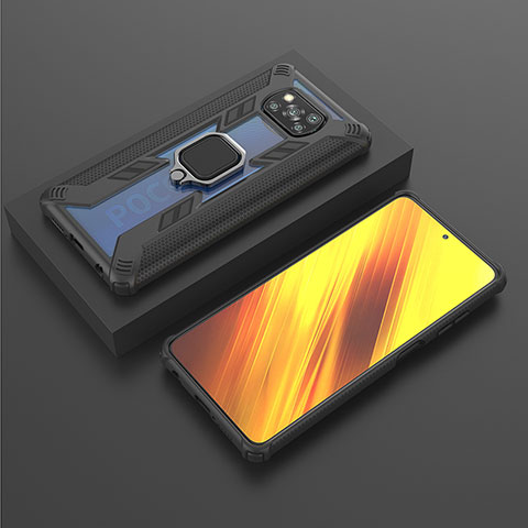 Funda Bumper Silicona y Plastico Mate Carcasa con Magnetico Anillo de dedo Soporte KC3 para Xiaomi Poco X3 NFC Negro
