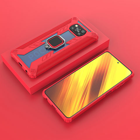 Funda Bumper Silicona y Plastico Mate Carcasa con Magnetico Anillo de dedo Soporte KC3 para Xiaomi Poco X3 Pro Rojo