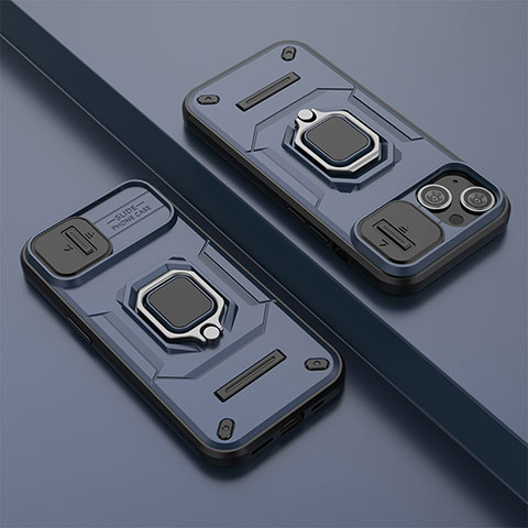 Funda Bumper Silicona y Plastico Mate Carcasa con Magnetico Anillo de dedo Soporte KC4 para Apple iPhone 13 Azul