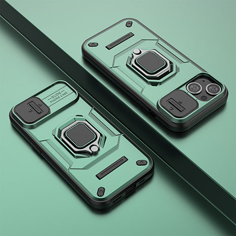 Funda Bumper Silicona y Plastico Mate Carcasa con Magnetico Anillo de dedo Soporte KC4 para Apple iPhone 13 Verde