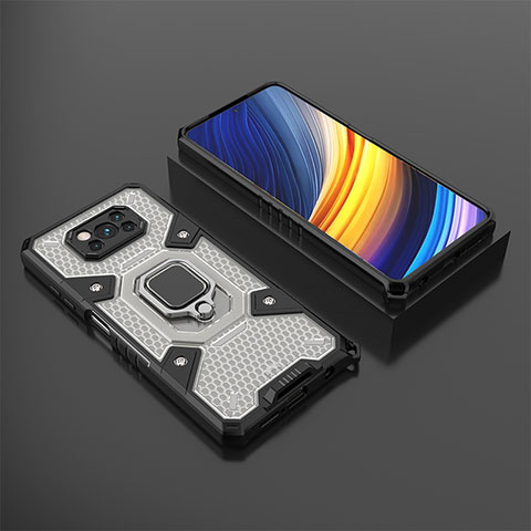Funda Bumper Silicona y Plastico Mate Carcasa con Magnetico Anillo de dedo Soporte KC4 para Xiaomi Poco X3 NFC Negro