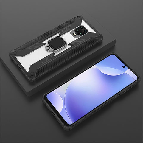 Funda Bumper Silicona y Plastico Mate Carcasa con Magnetico Anillo de dedo Soporte KC6 para Xiaomi Redmi Note 9 Pro Negro